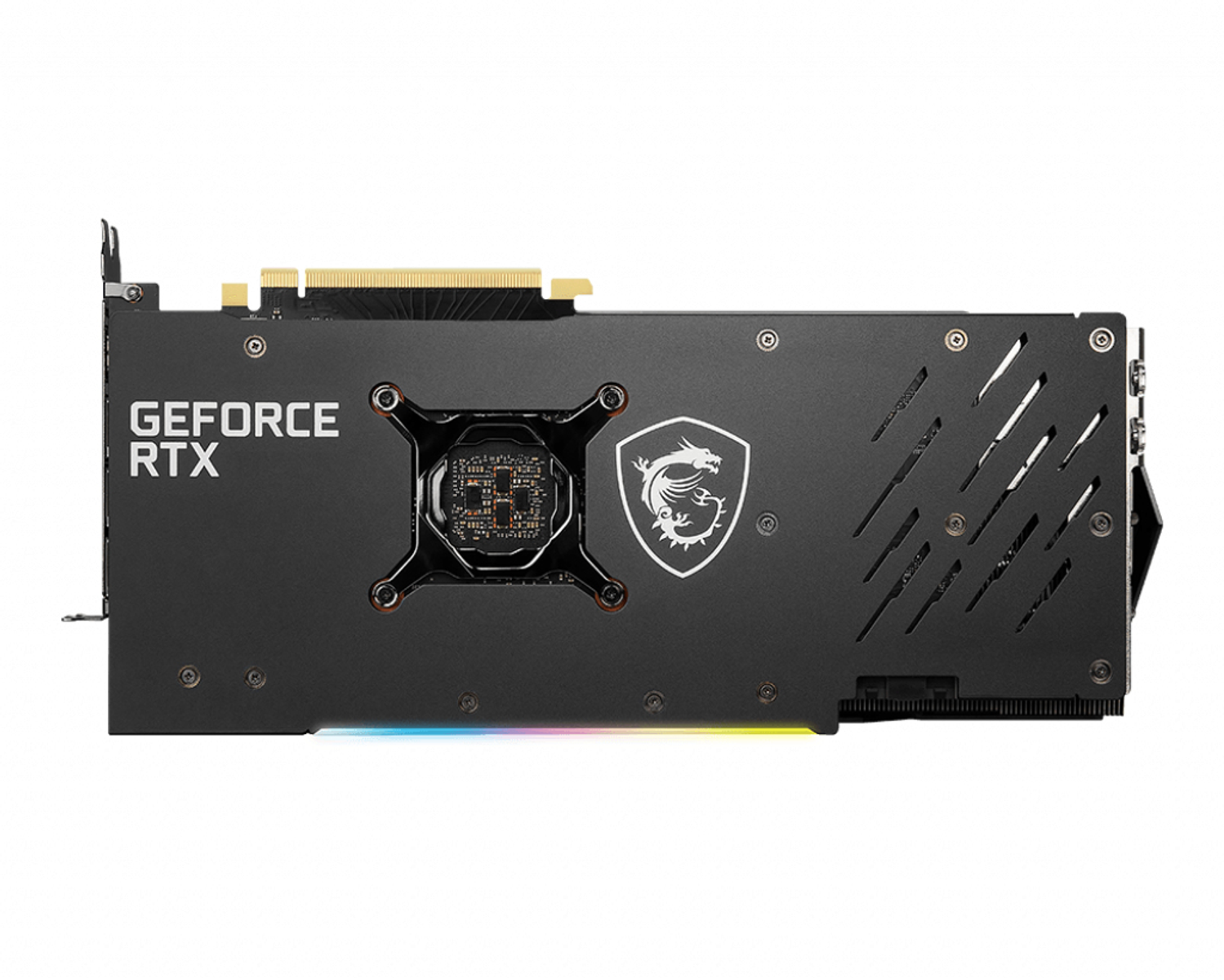 Grafikkarte mit GeForce RTX Logo. Die Karte ist schwarz mit farbigen Akzenten und einem Lüfter.
