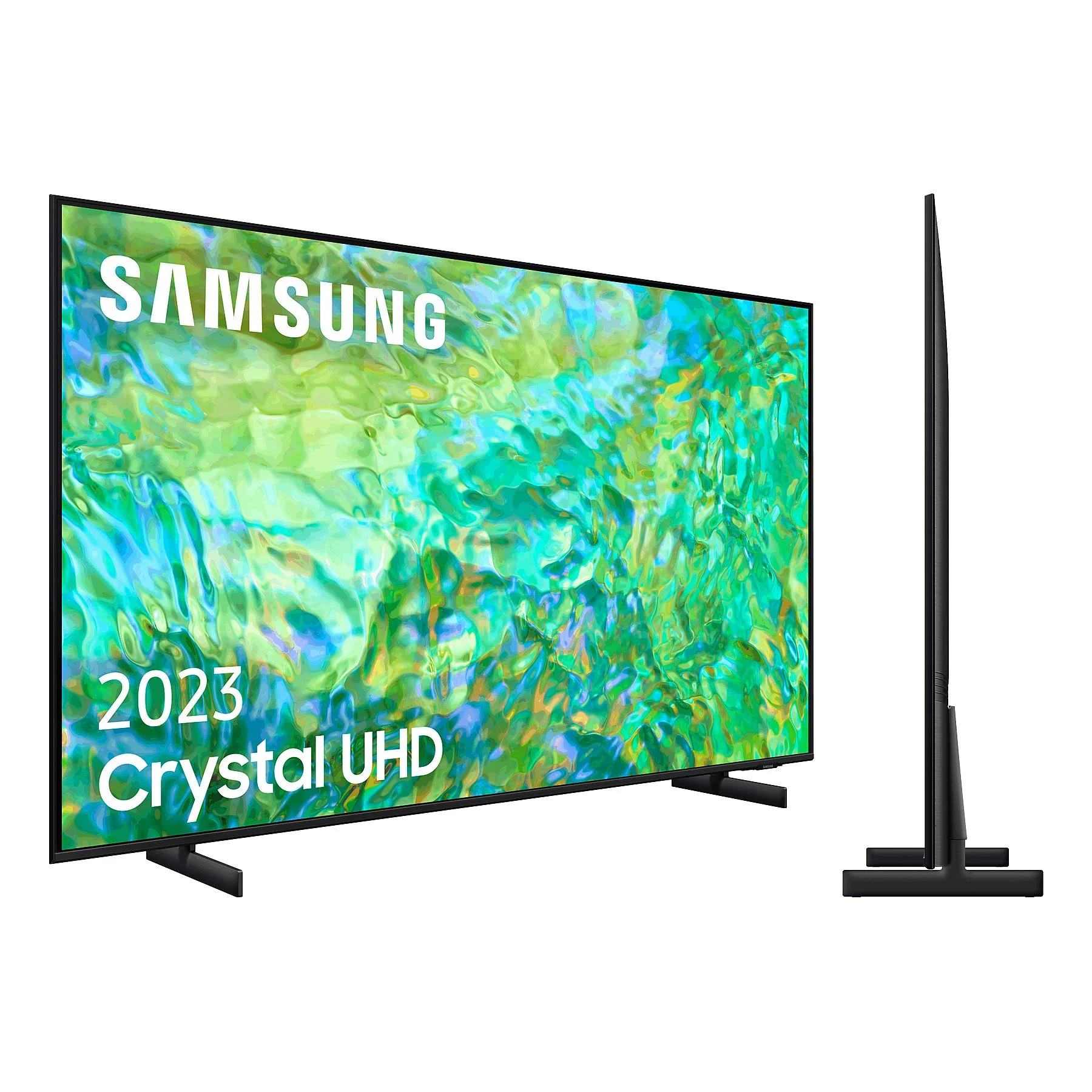 Ein Samsung 2023 Crystal UHD TV, Seiten- und Vorderansicht, schwarzer Ständer.