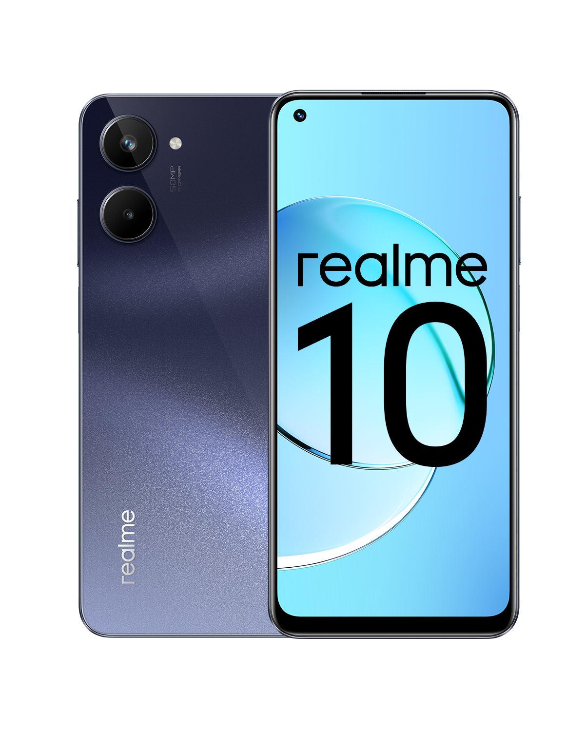 Realme 10 Smartphone, blaue Rückseite und Bildschirm mit der Nummer 10.
