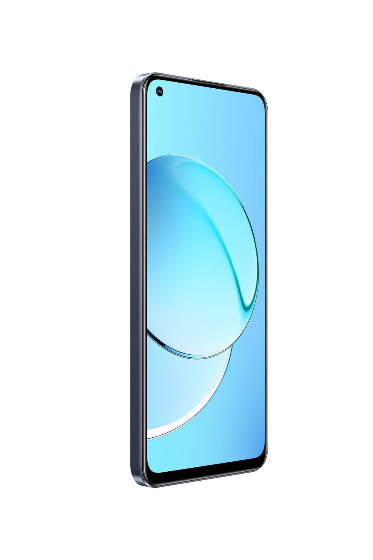Blaues Telefon mit blauem Bildschirm, leicht vor weißem Hintergrund geneigt.