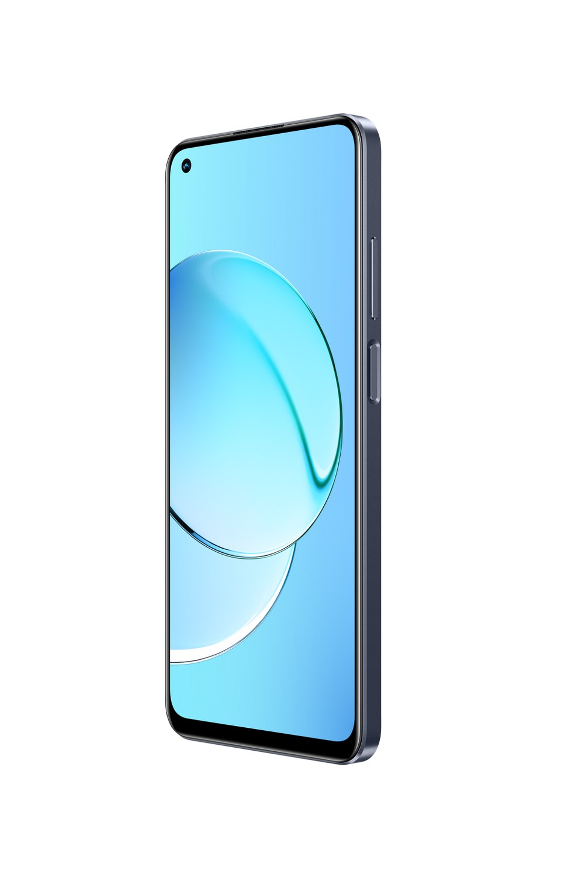 Blaues Telefon mit gewölbtem Bildschirm, der ein Wasser-Hintergrundbild zeigt.