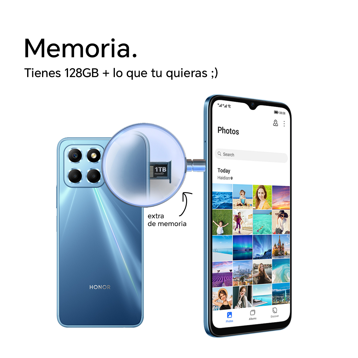 Smartfon wyświetla obrazy, z powiększonym widokiem karty pamięci 1TB.