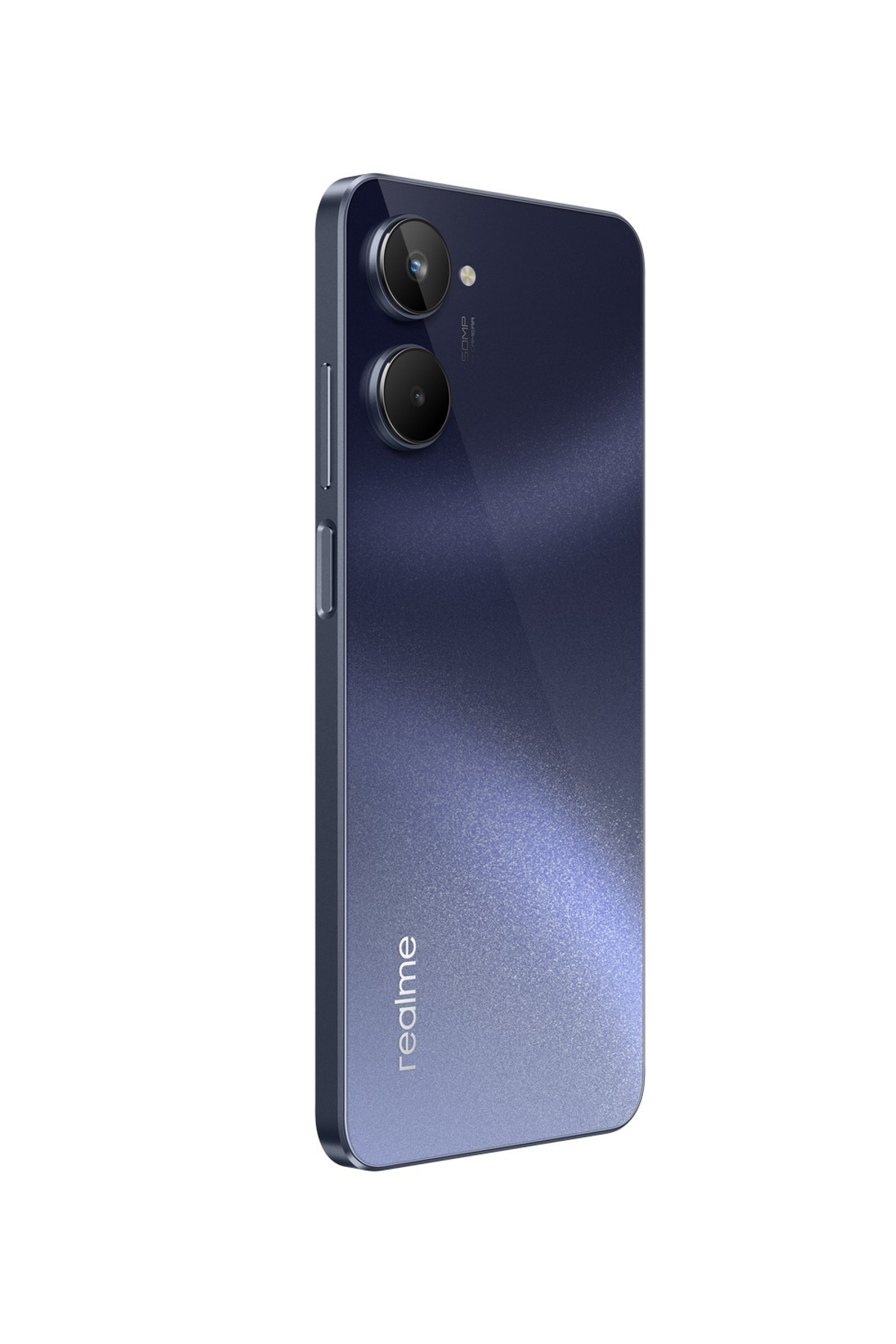 Ein blaues Smartphone, das die Rückseite mit zwei Kameras auf weißem Hintergrund zeigt.