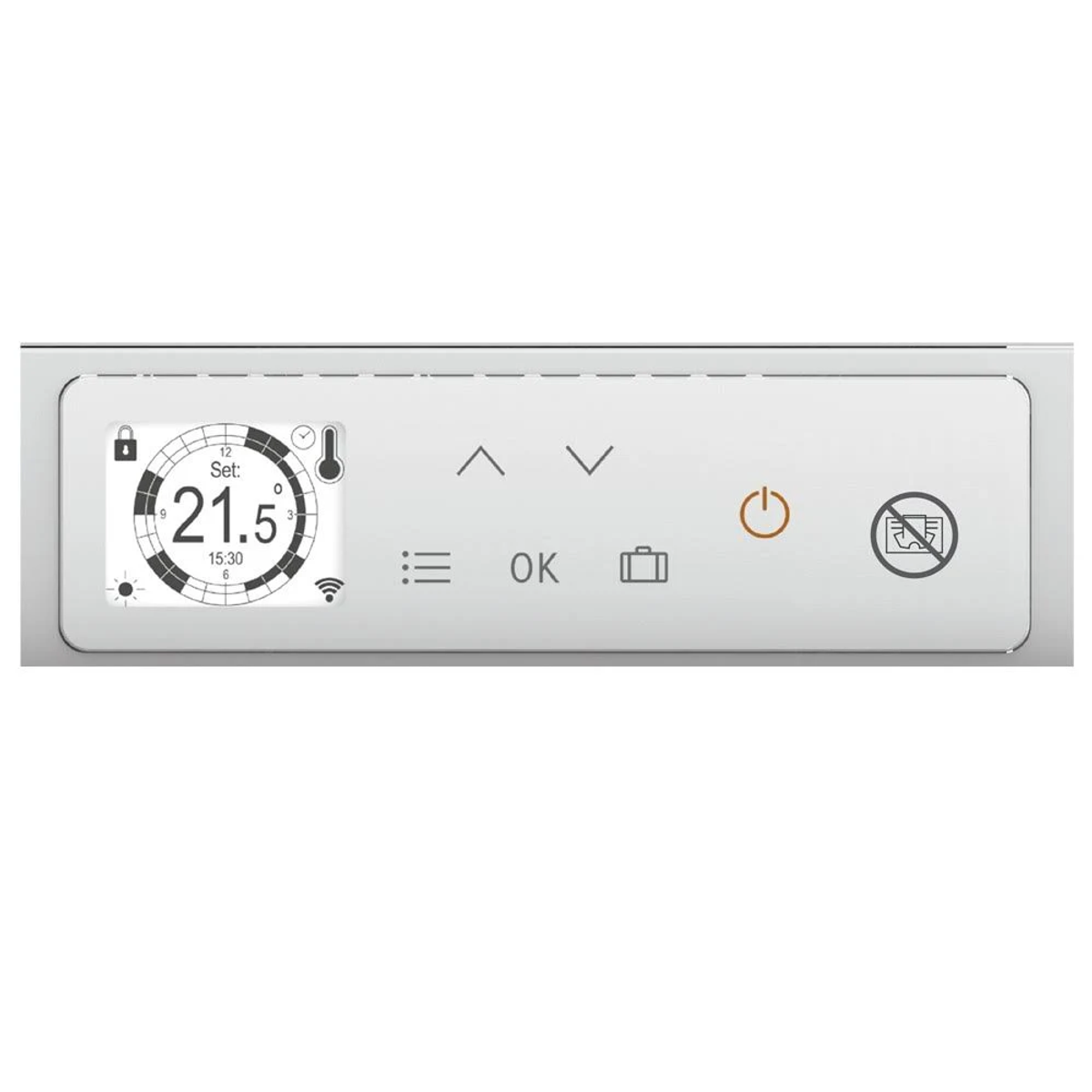 Panel de control de termostato blanco con pantalla que muestra la temperatura y la hora. Botones visibles.
