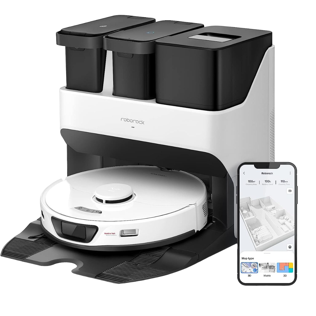 Biały i czarny robot odkurzający i stacja dokująca oraz smartfon z aplikacją.