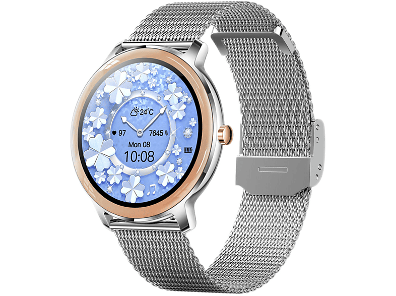 BRIGHTAKE Stilvolle und Ultra-dünne Damen Smartwatch für Gesundheit und Fitness Smartwatch Silikon, Stahlband, Leder, silber