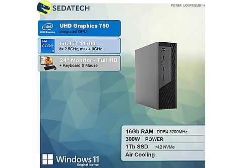 PC de sobremesa - SEDATECH Intel i7-11700, Intel i7-11700 8x 2.5Ghz (max 4.9Ghz), 16 GB RAM, 1000 GB SSD, UHD 750, Windows 11 Home (64 Bit), Windows 11 Home multilingüe, Negro