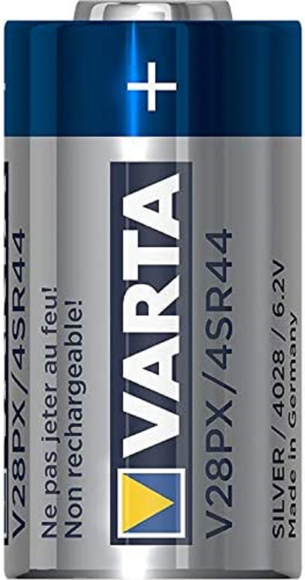 Bateria Varta z tekstem i znakiem plus na górze. Jest srebrna i niebieska.