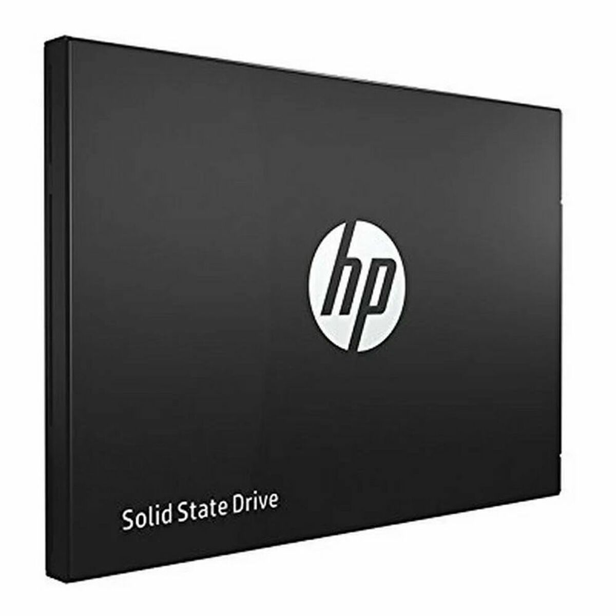 Czarny dysk SSD HP z logo na białym kole.