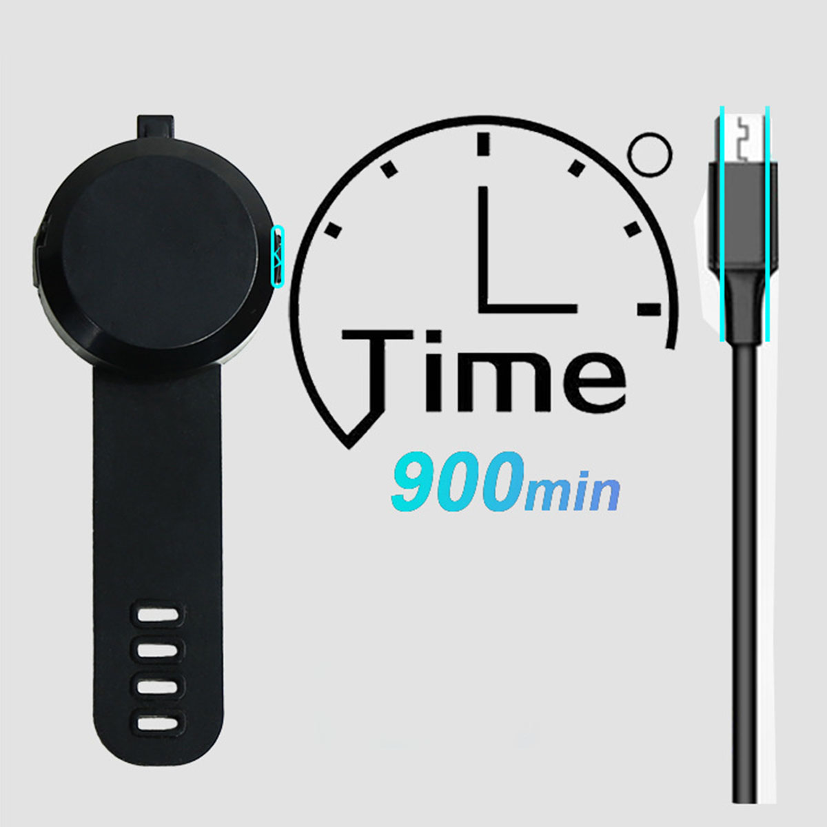 Schwarzes Gerät mit Ladeanschluss und USB-Kabel, ein Uhrbild und der Text "Time 900min".