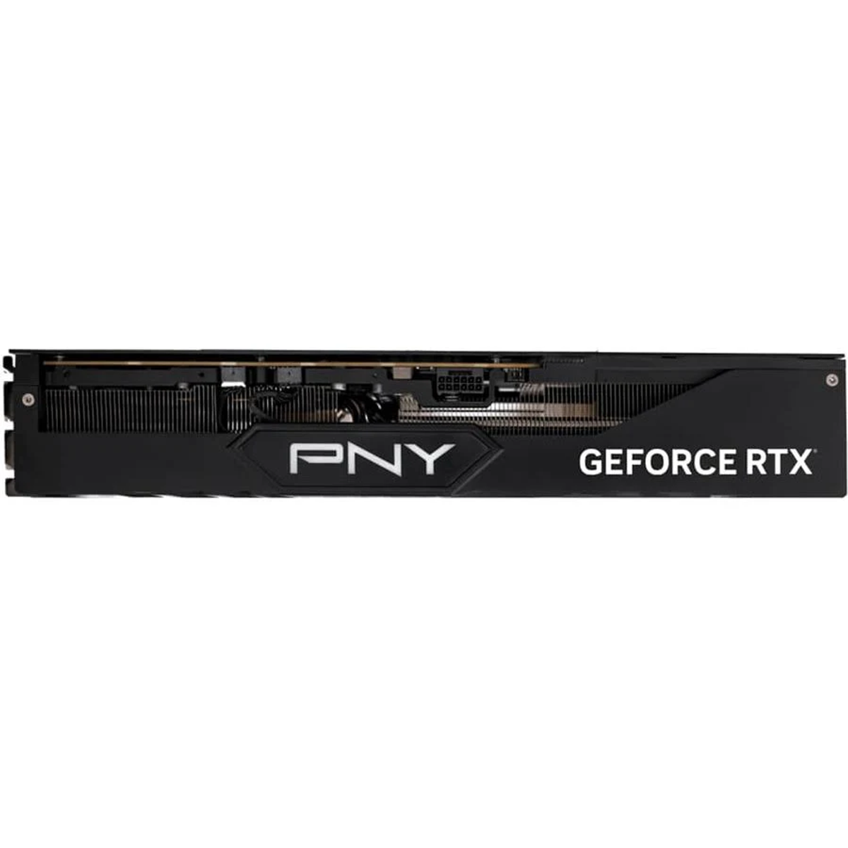 PNY GeForce RTX Grafikkarte, schwarz, mit Text auf der Seite.