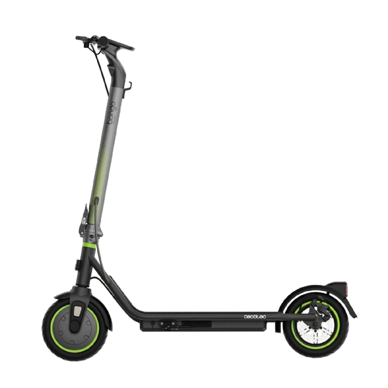 Czarna hulajnoga elektryczna z zielonymi akcentami, na czarnej powierzchni. Marka Bongo.