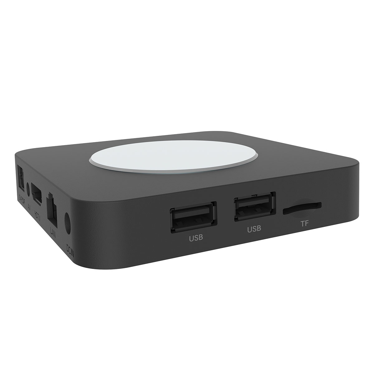 Schwarze Media-Player-Box mit USB-Anschlüssen und einem TF-Kartensteckplatz.