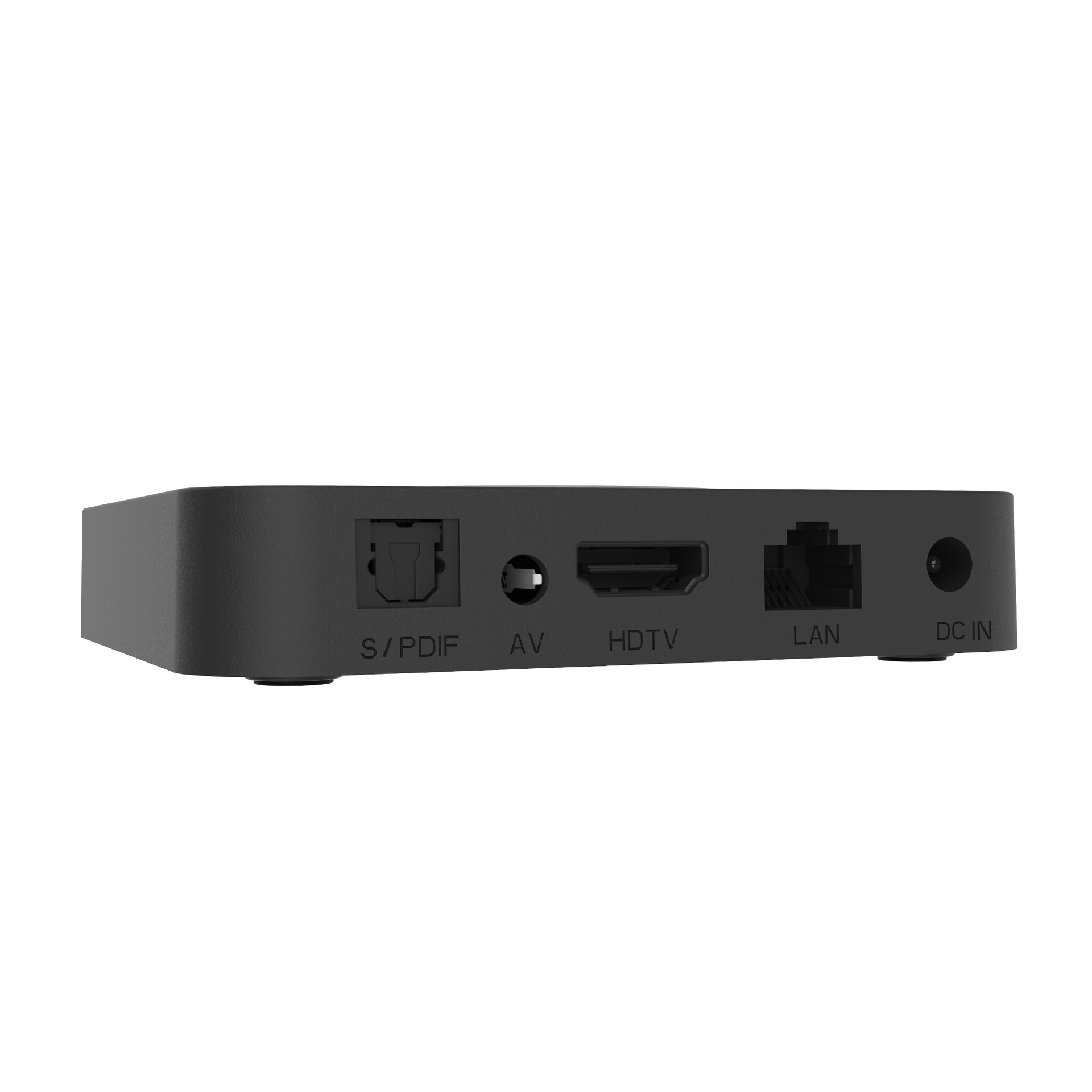 Ein schwarzes Gerät mit Anschlüssen: S/PDIF, AV, HDTV, LAN und DC IN.