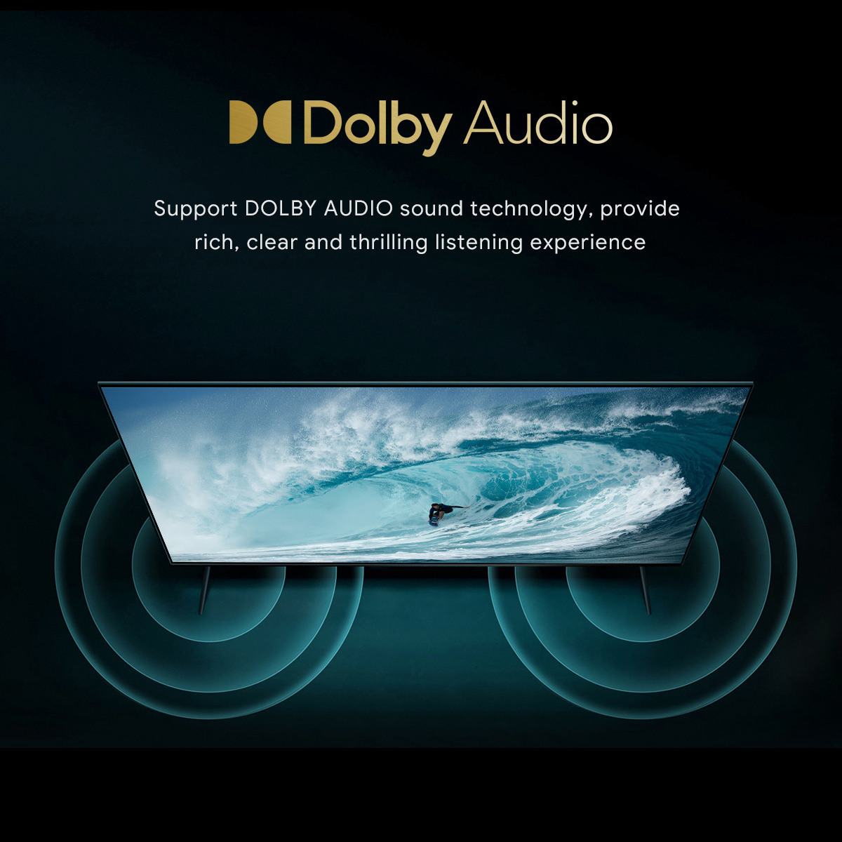 TV-Bildschirm mit einem Surfer im Meer, mit Schallwellen Grafiken und Dolby Audio Text.