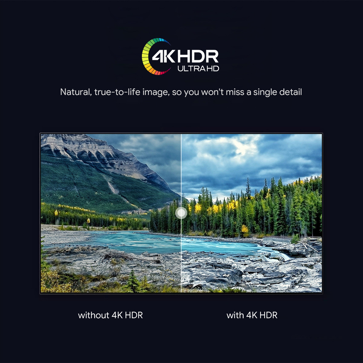 Bildvergleich einer Naturlandschaft mit und ohne 4K HDR.