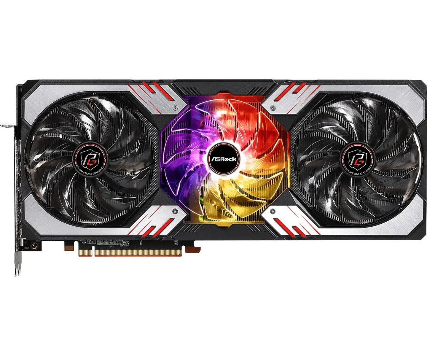 Scheda grafica per computer. Ha tre ventole ed è argento e nera, con luci colorate.