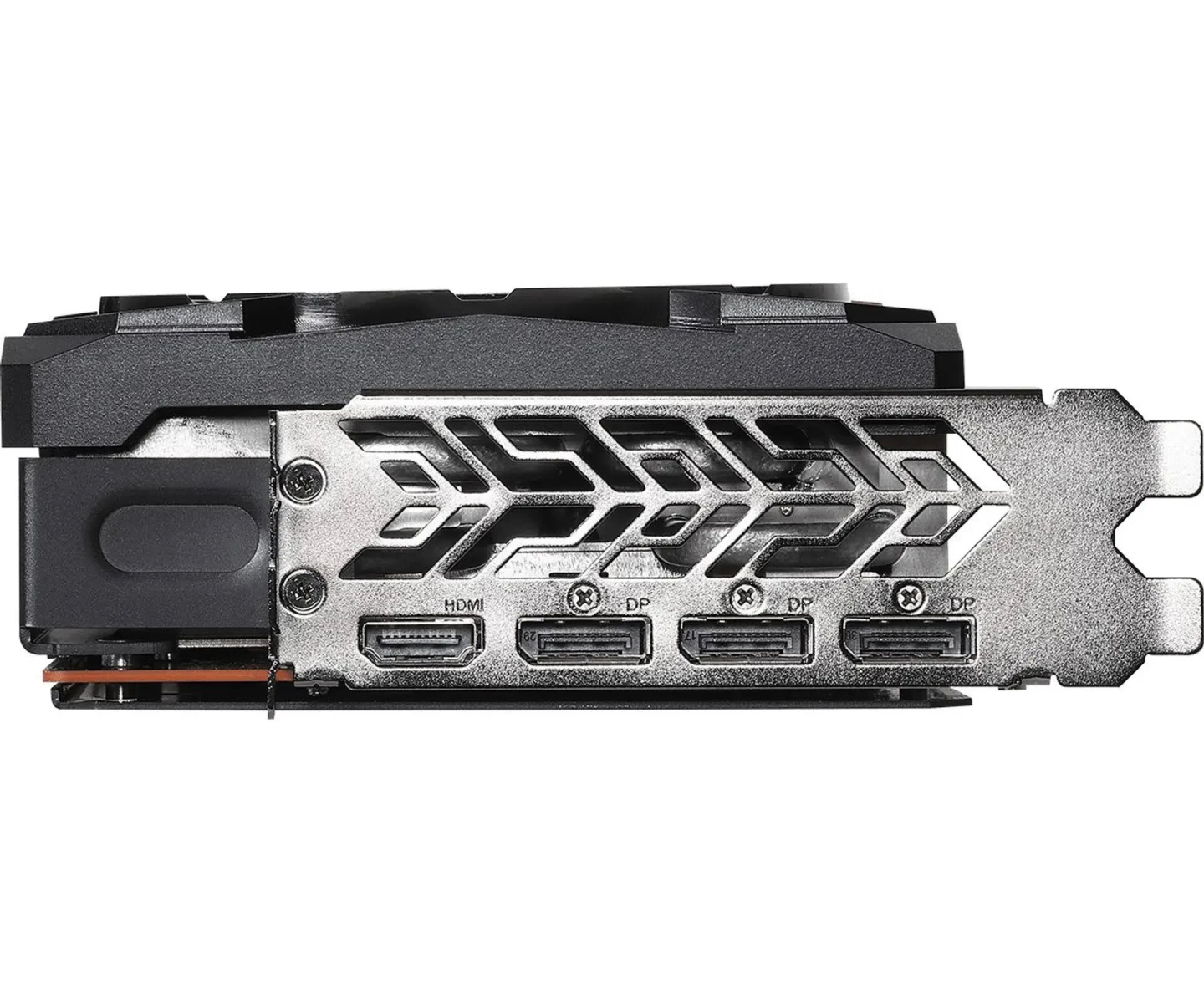 Scheda grafica con porte HDMI e DisplayPort e un dissipatore di calore in metallo.