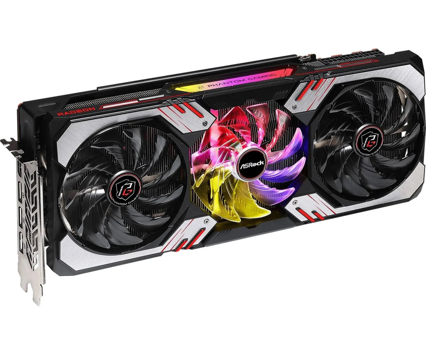 Scheda grafica ASRock con ventole, design rosso/argento. Sfondo nero.