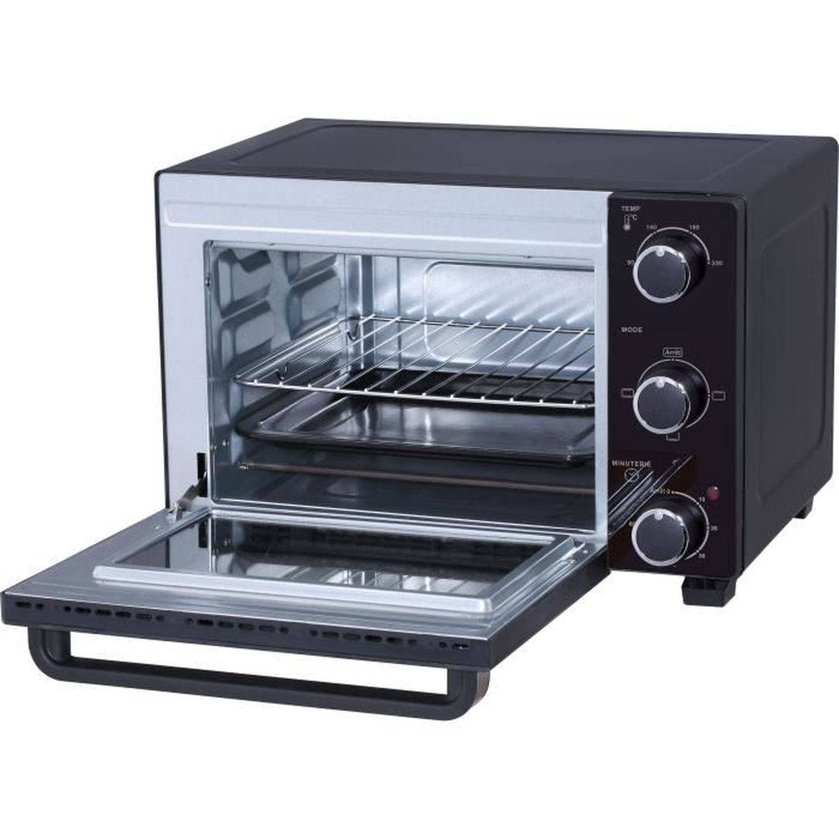 Horno negro y plateado con puerta abierta sobre fondo blanco.
