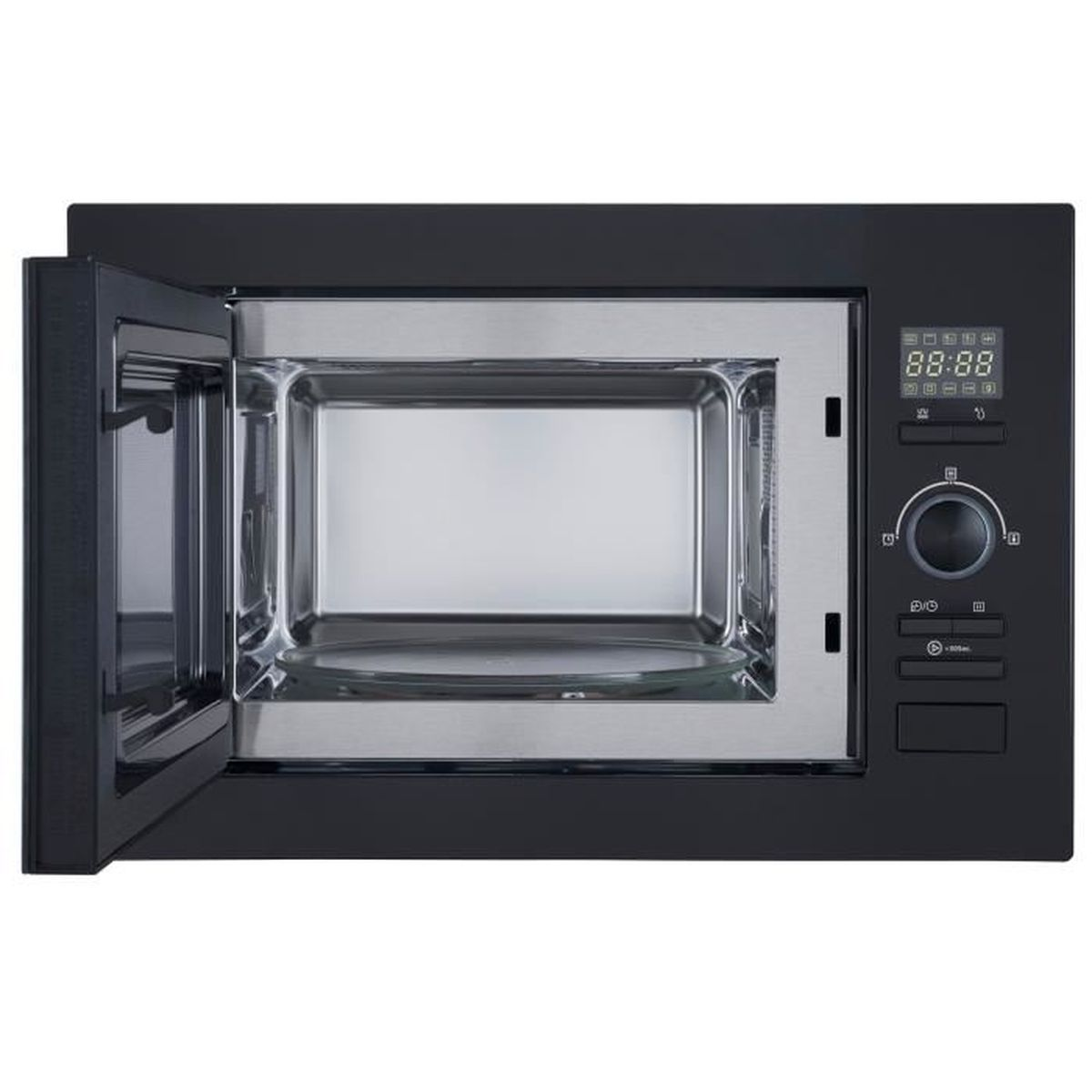 Microonde nero con porta aperta, interno in acciaio inox. Display digitale e pannello di controllo visibili.