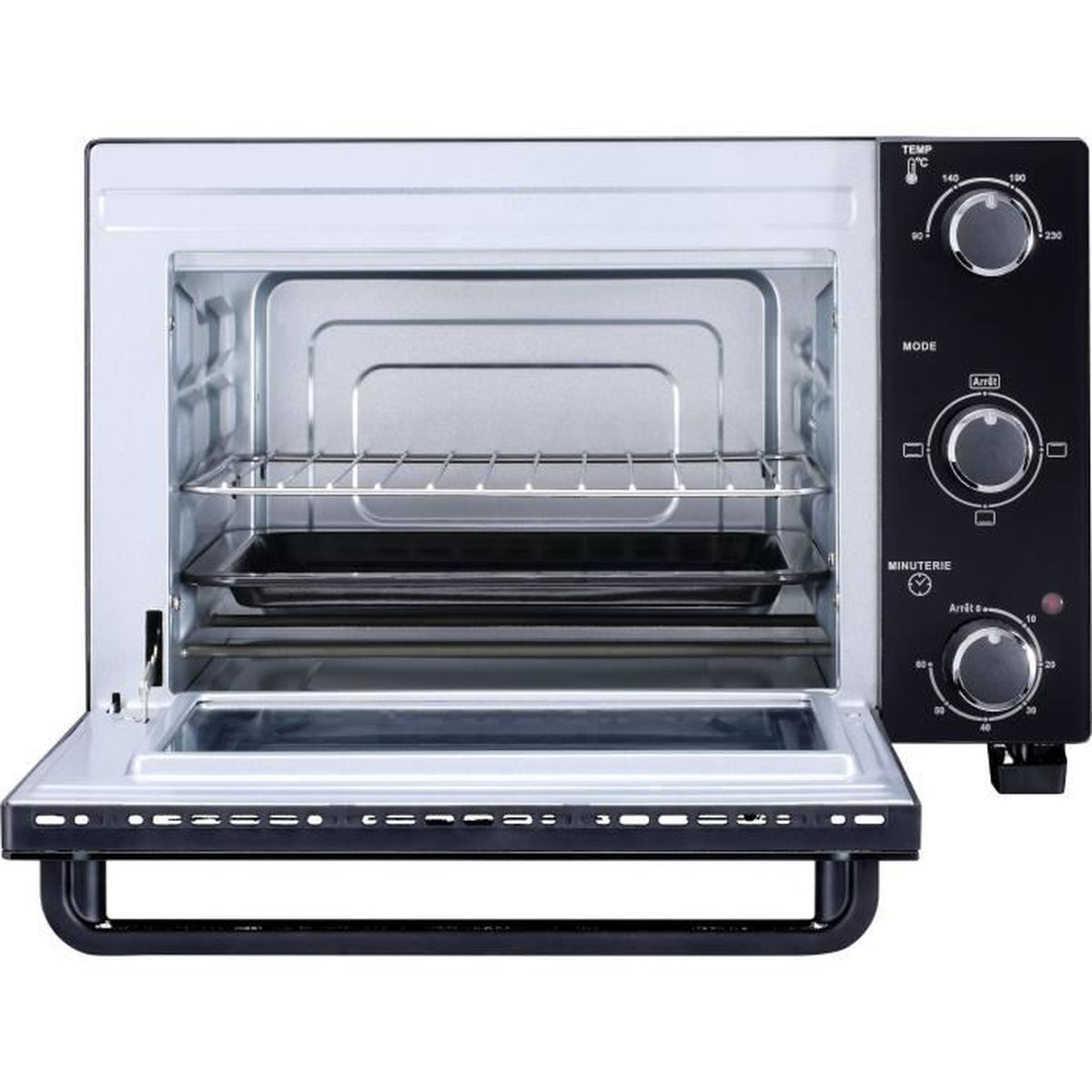 Un horno blanco y negro con la puerta abierta y panel de control.