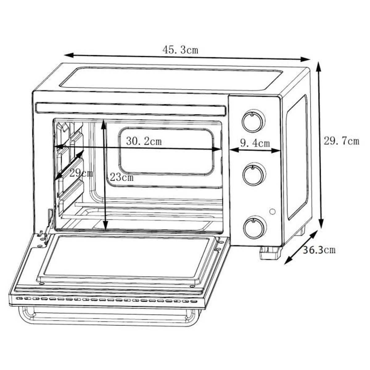 Un horno que muestra dimensiones, con la puerta abierta que revela las partes interiores.