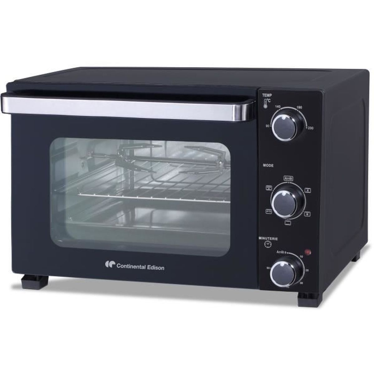 Un horno Continental Edison negro con mandos, puerta de cristal y asa.