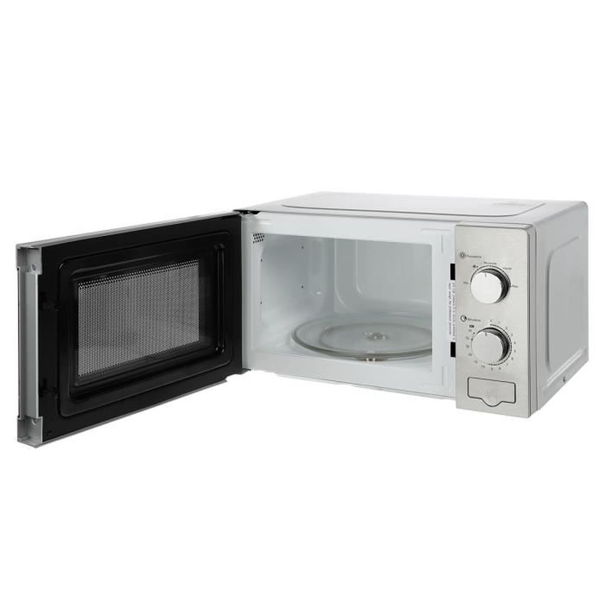 Magnetron met open deur, interieur zichtbaar, zilver en wit design.