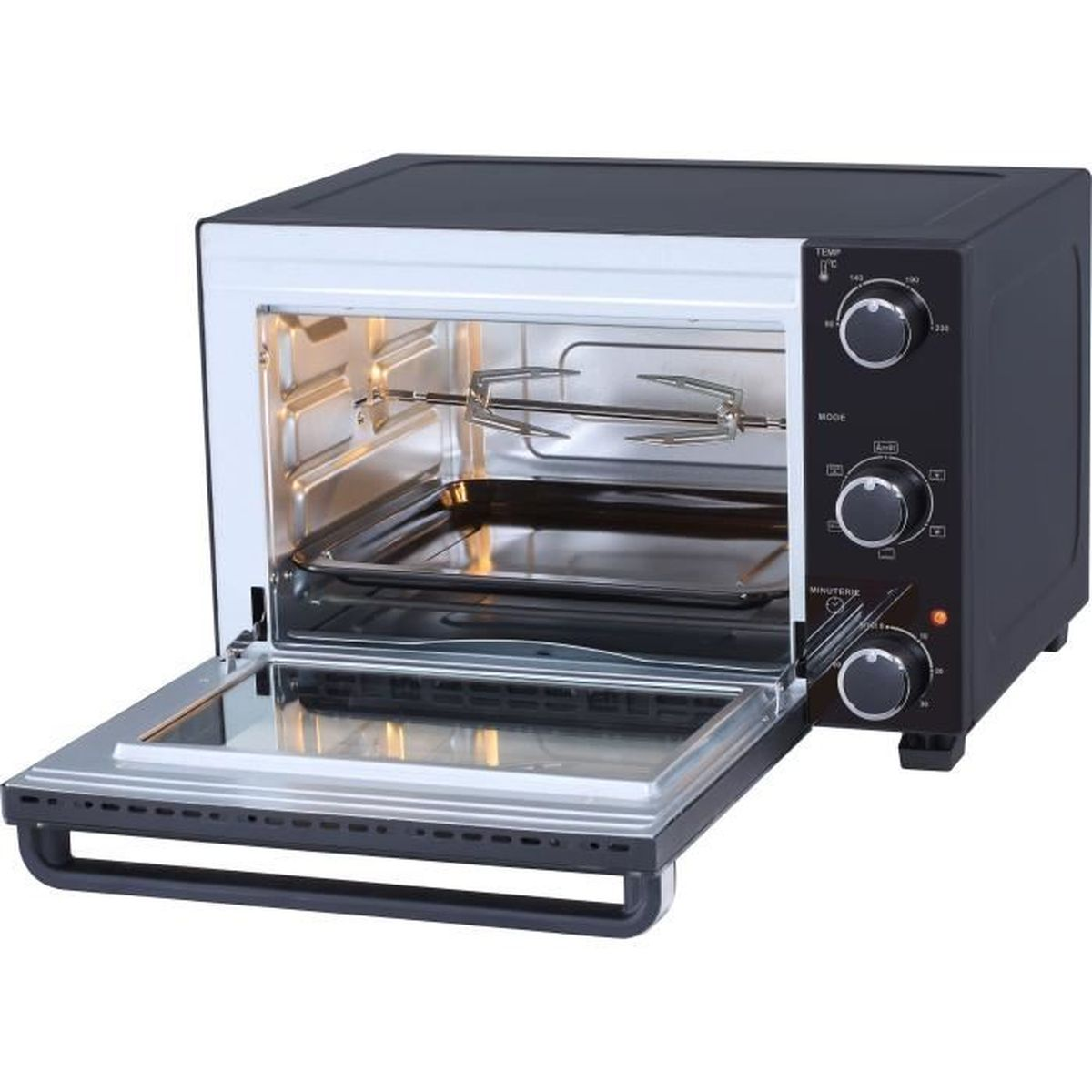 Horno eléctrico negro y blanco, puerta abierta, con asador y bandeja en el interior.