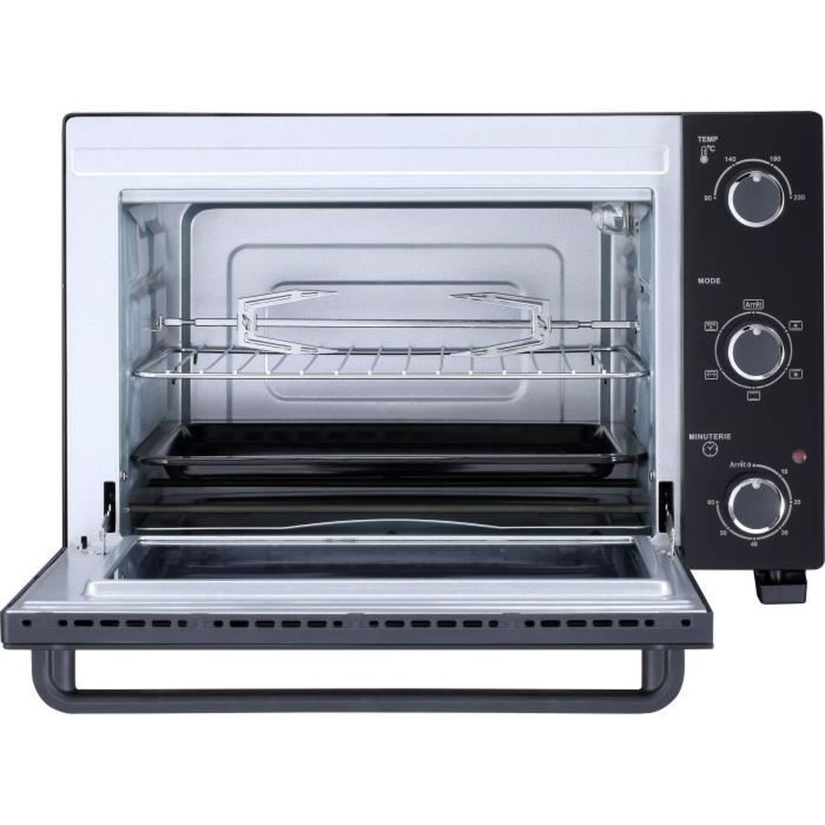 Un horno negro con la puerta abierta. Dentro, hay una bandeja y una rejilla. Fondo blanco.