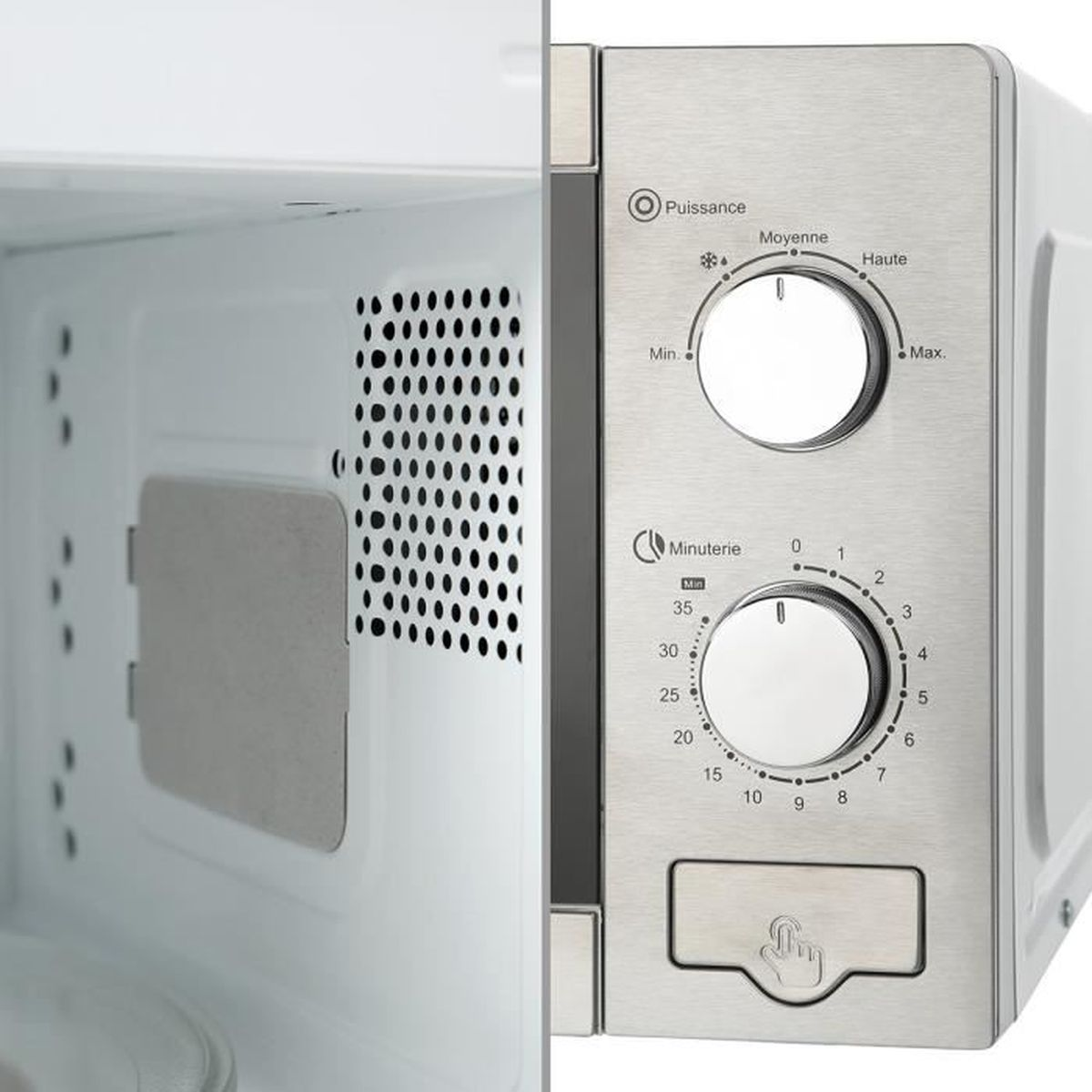 Magnetron met open deur. Bedieningspaneel met vermogens- en timer-knoppen.