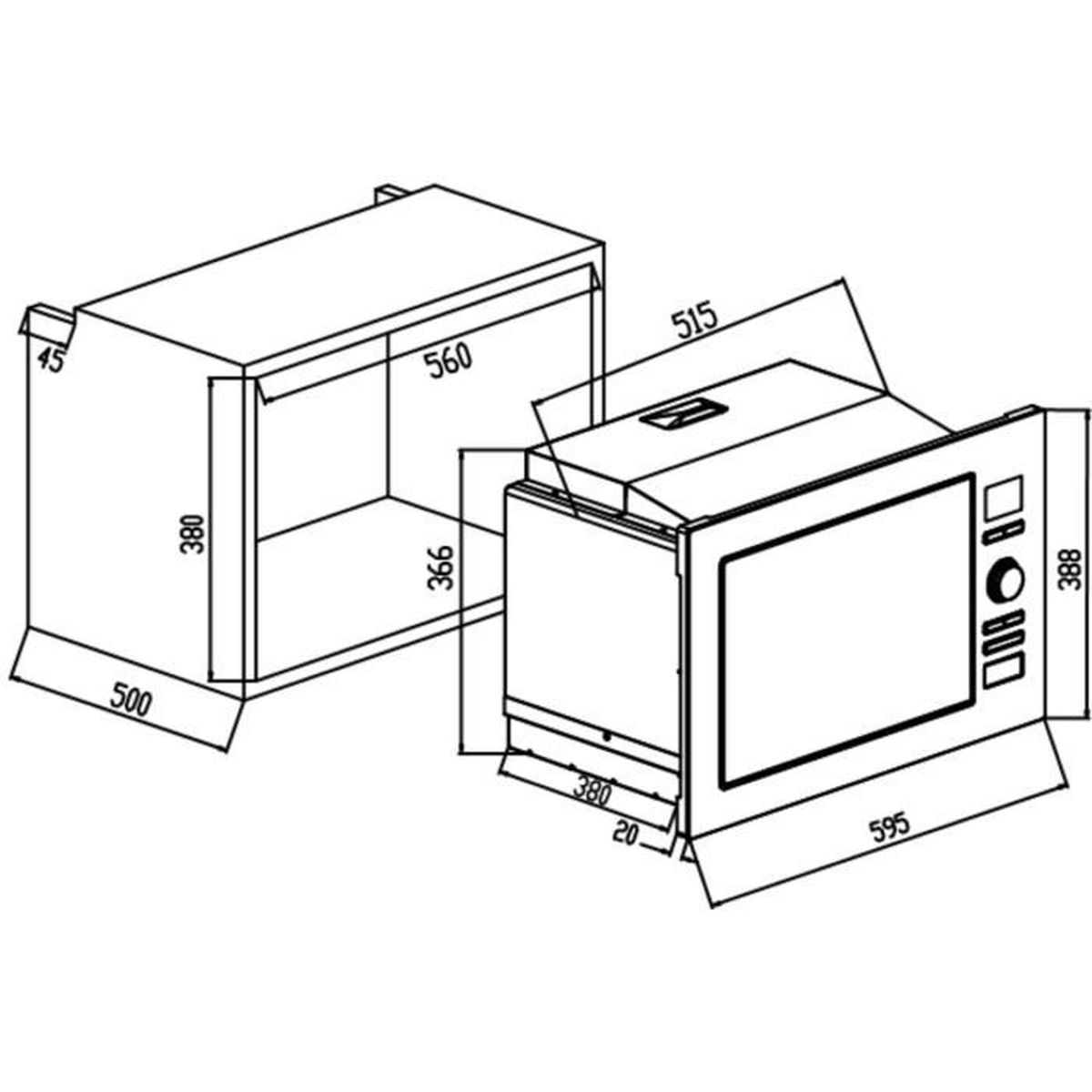 Diagramma di un forno a microonde con dimensioni, che mostra un mobile e l'unità microonde.