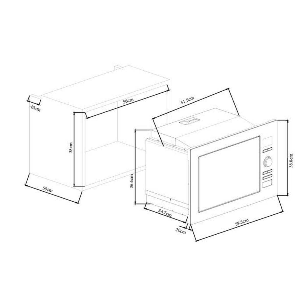 Magnetron en kast met afmetingen. Witte magnetron in een witte kast. Lijntekeningen.