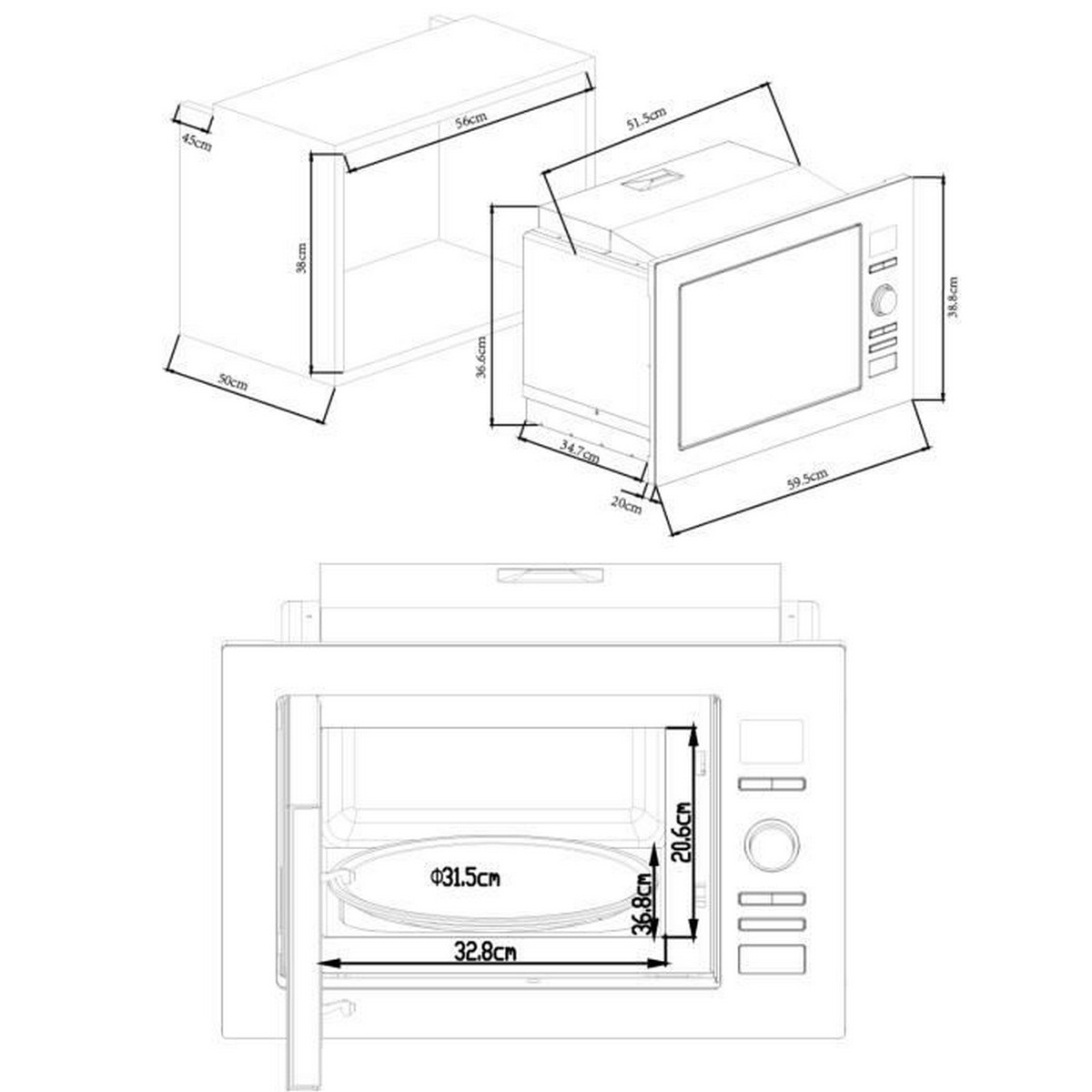 Horno microondas con dimensiones. Es un modelo empotrado blanco.