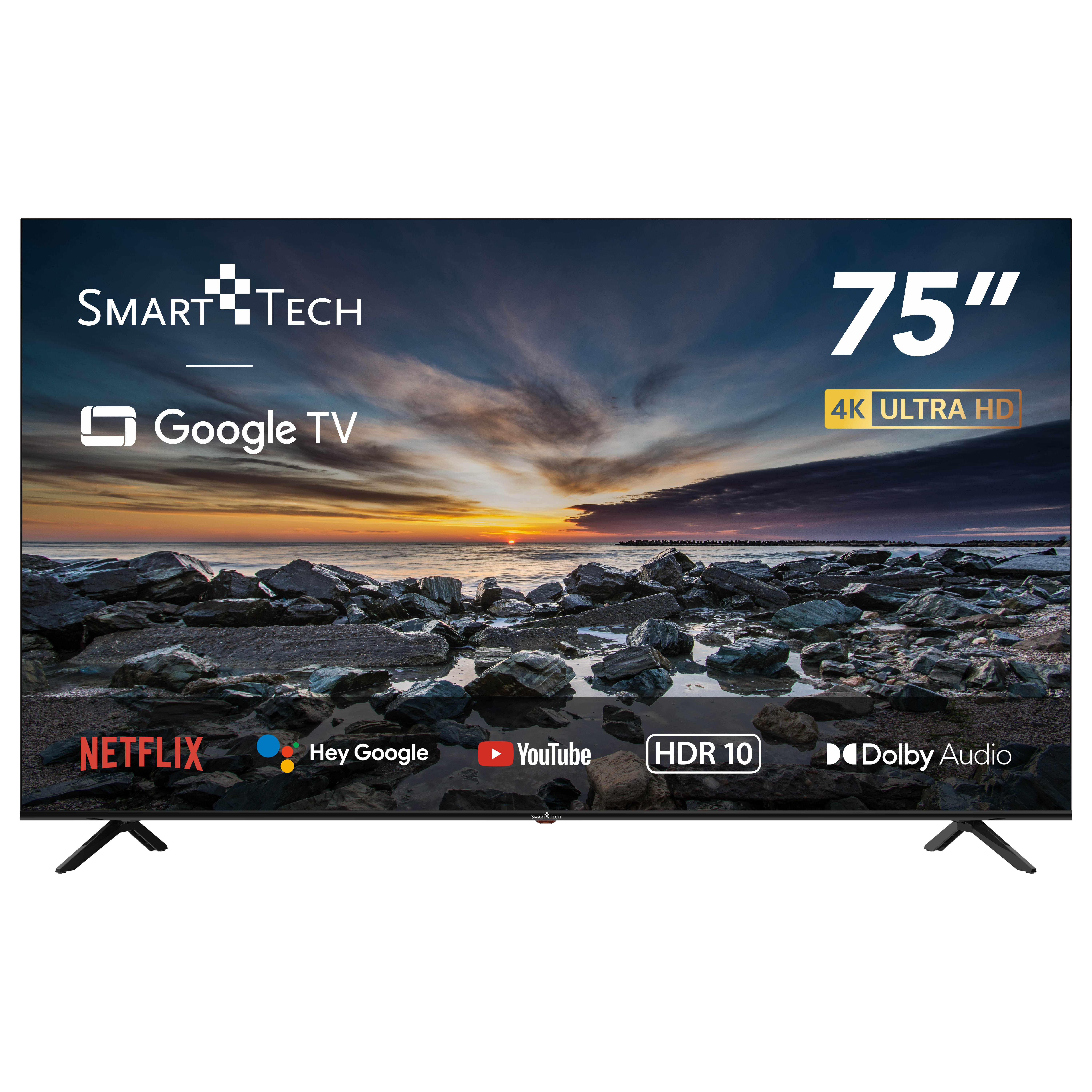 Smart TV da 75 pollici che mostra un tramonto su una spiaggia rocciosa con icone sottostanti.