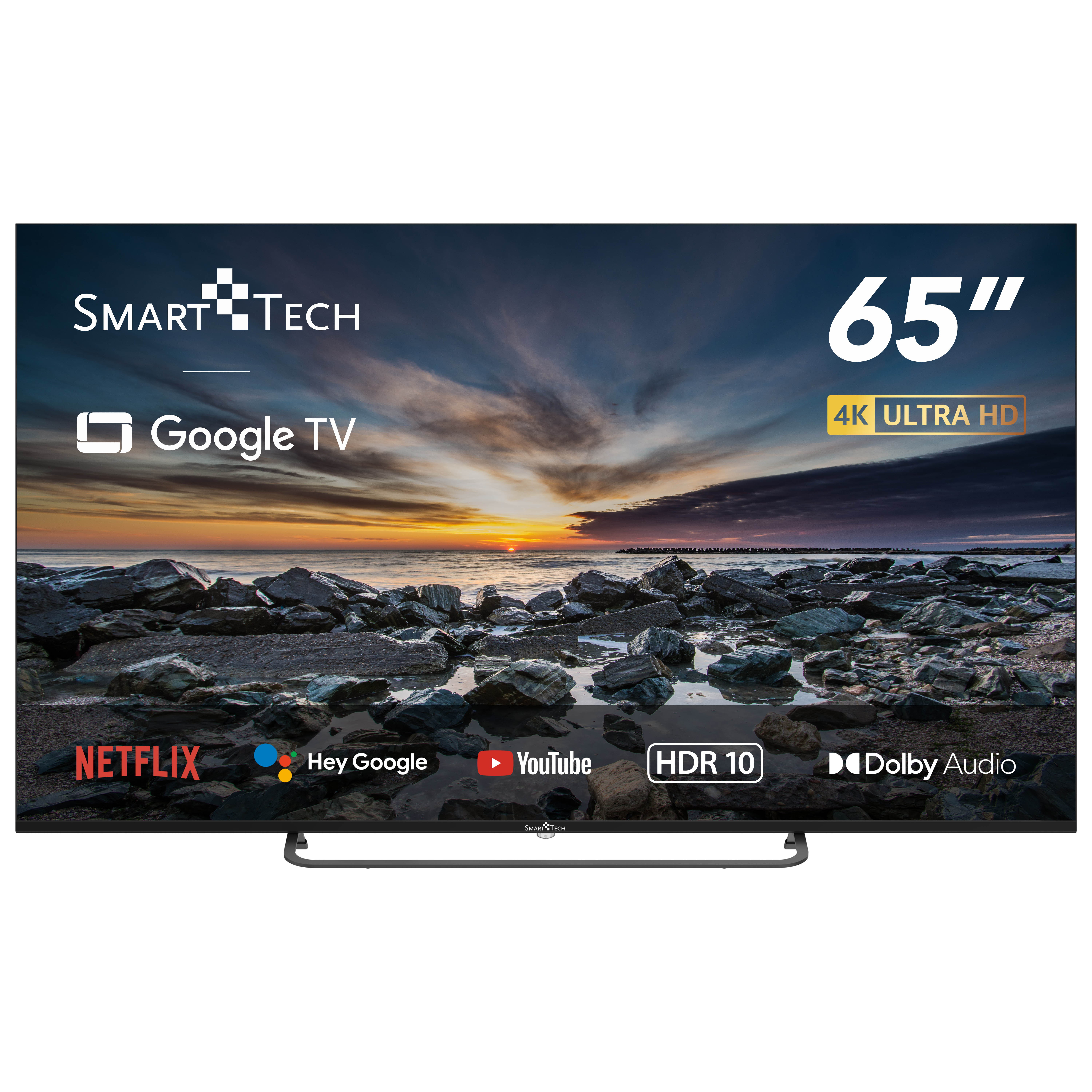 Telewizor Smart Tech 65" z widokiem na plażę. Loga Netflix, YouTube i inne na dole.
