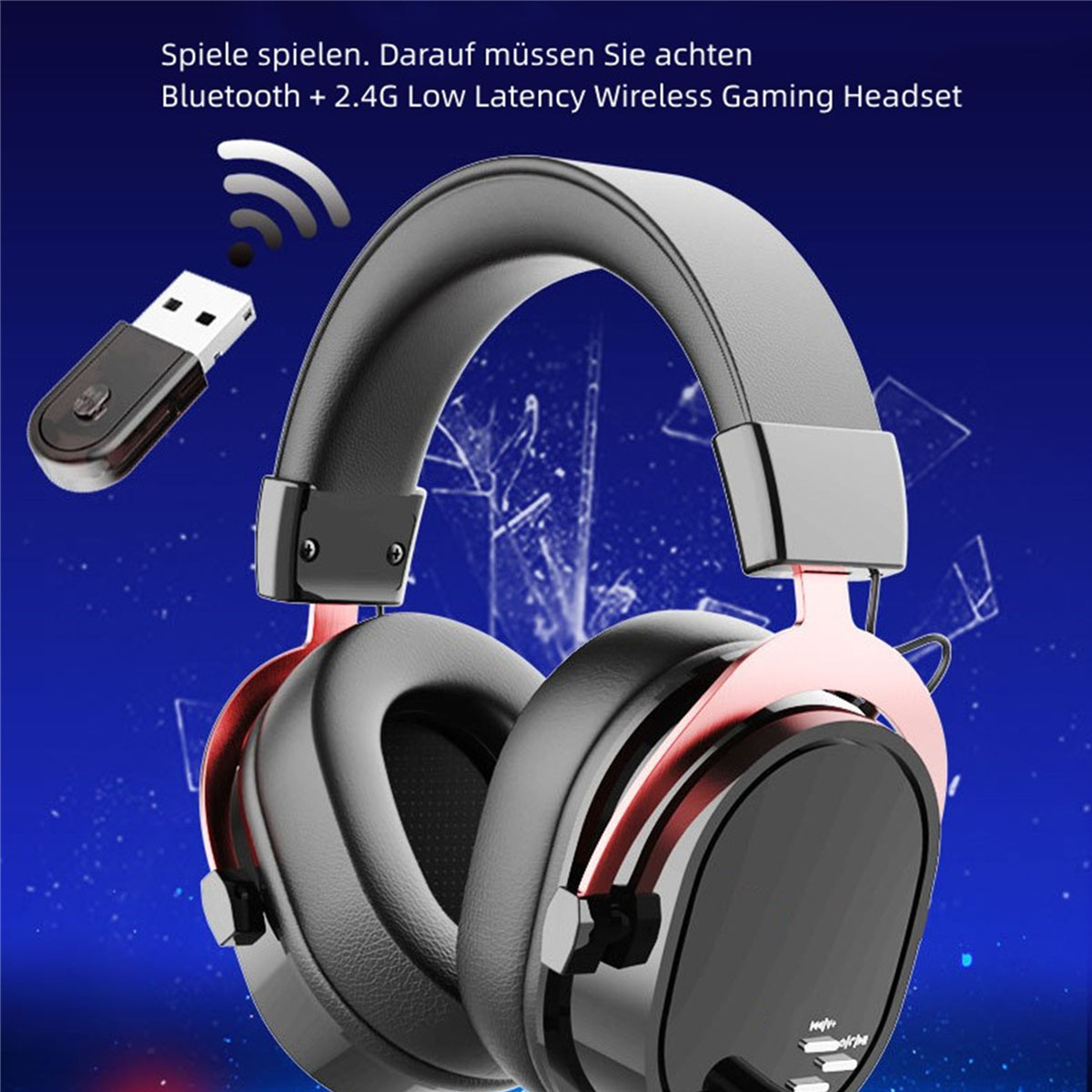 Gaming-Headset mit USB-Empfänger und Hintergrund mit blauem Farbverlauf.