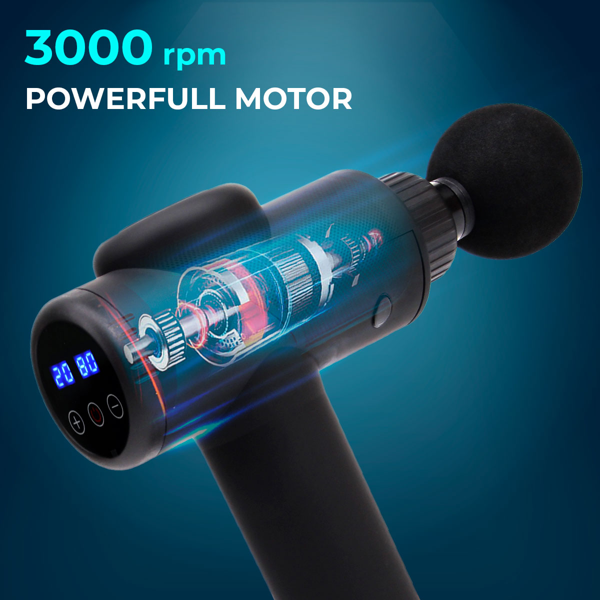 Pistolet do masażu z 3000 obr./min. Widoczny silnik elektryczny. Niebieskie tło.