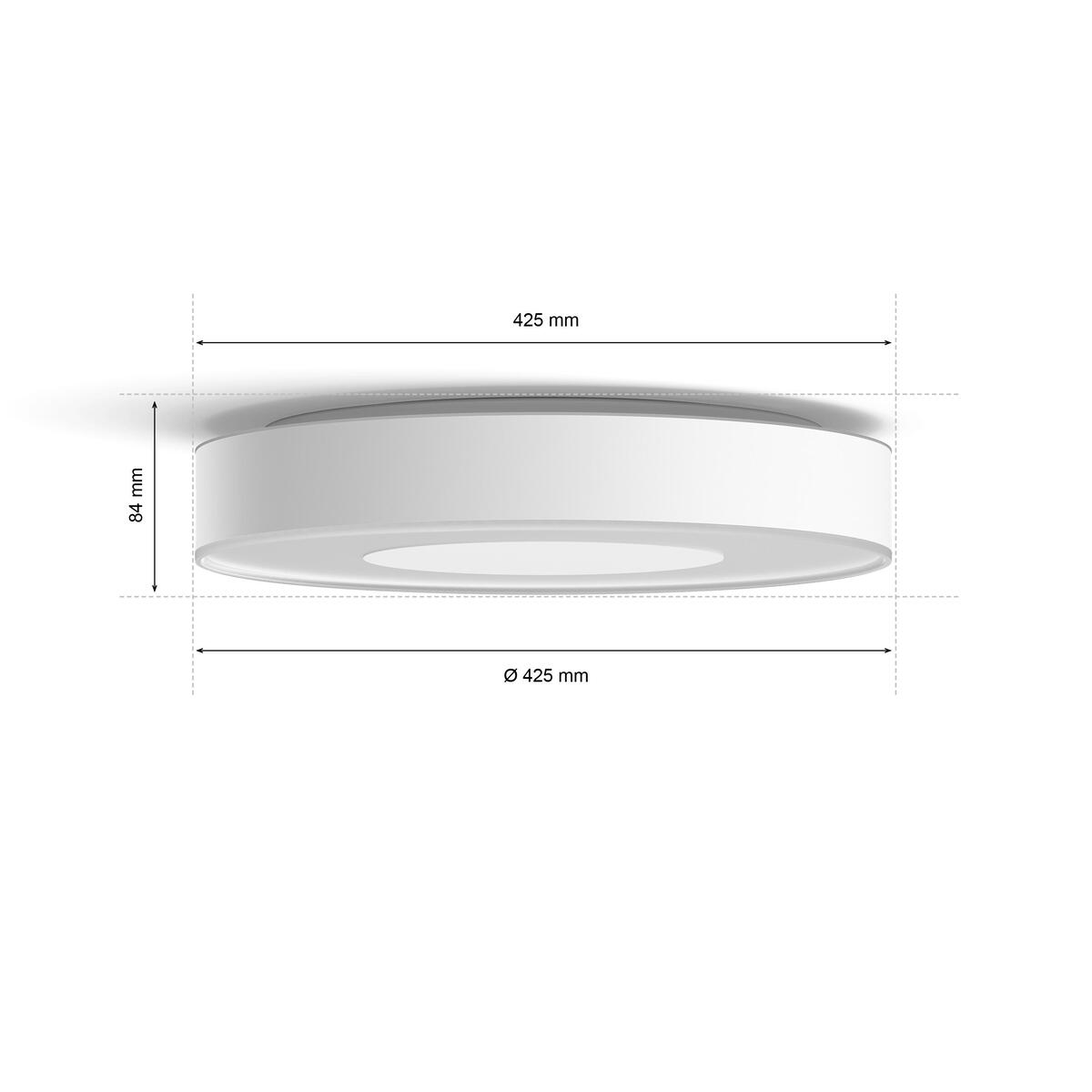 Biała, okrągła lampa sufitowa z wymiarami. Średnica 425mm, wysokość 84mm.