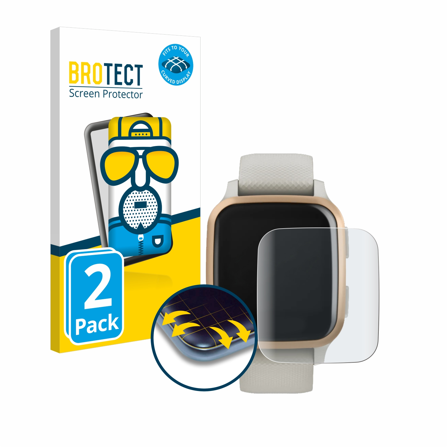 Smartwatch, Displayschutzfolie und Packung mit blauem Text. Weißer Hintergrund.