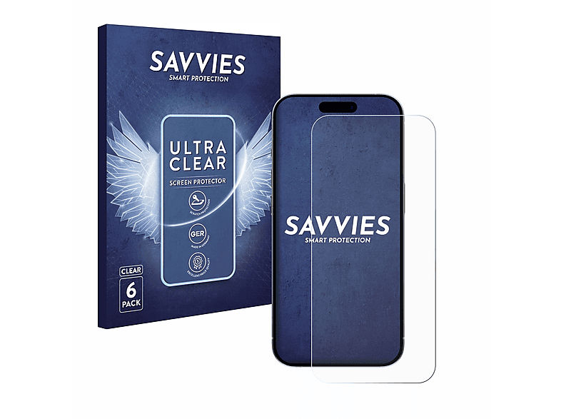 SAVVIES 6x klare Schutzfolie(für Apple iPhone 15 Pro)