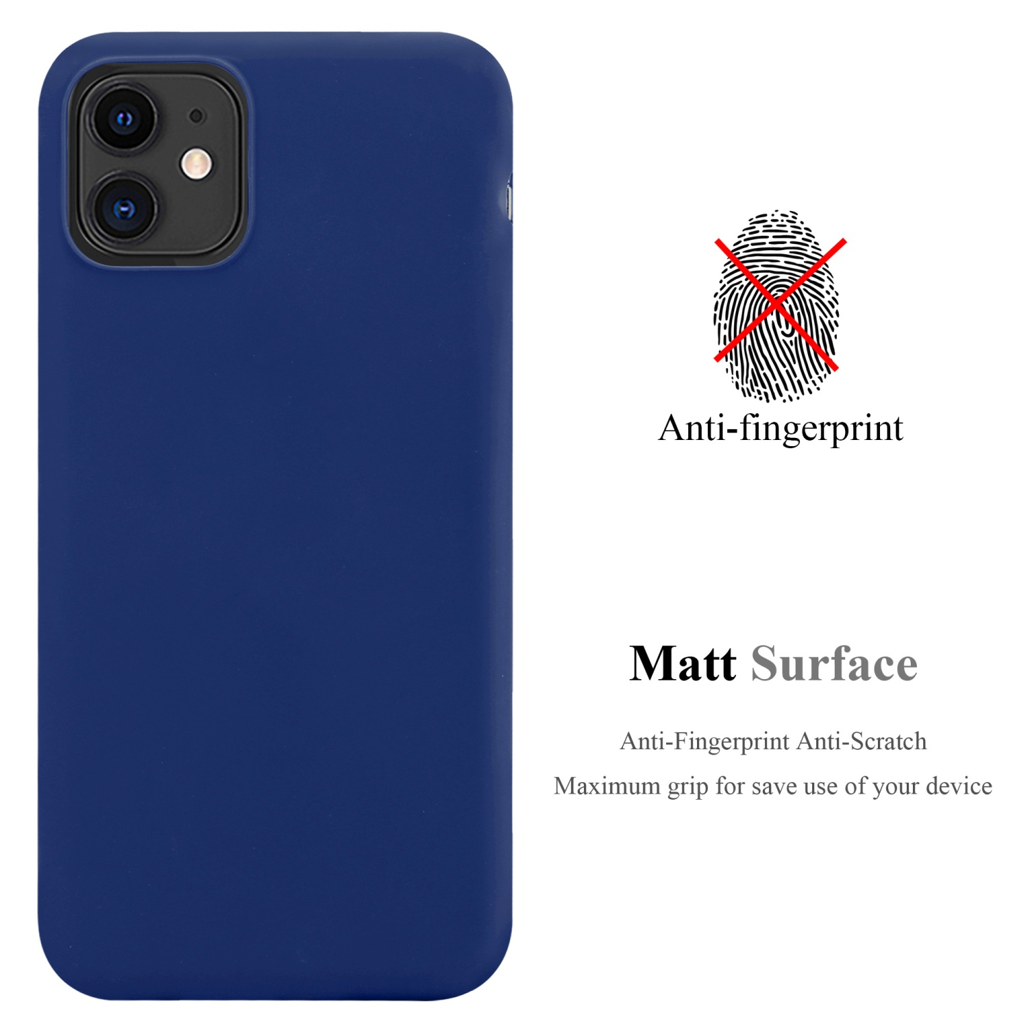 Custodia blu per telefono. Testo anti-impronte e icona impronta sbarrata. Testo: Superficie opaca.