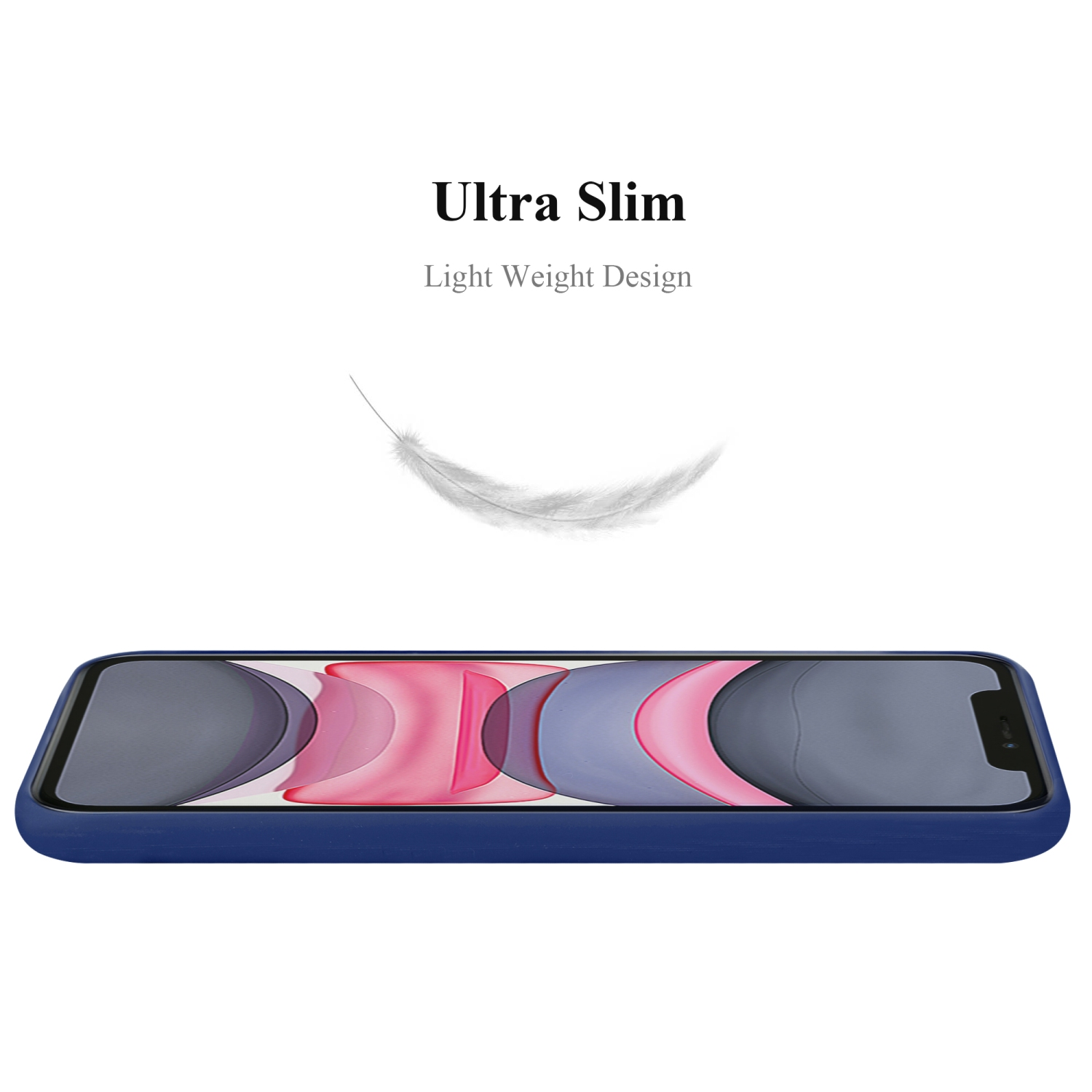 Una custodia blu per telefono con una grafica a piuma e la scritta 'Ultra Slim'.