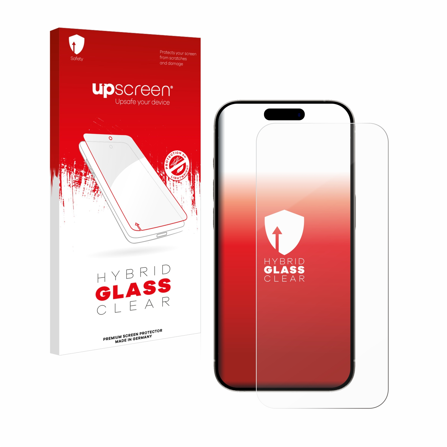 Telefon mit Displayschutz. Telefon, Displayschutz und Box auf weißem Hintergrund.