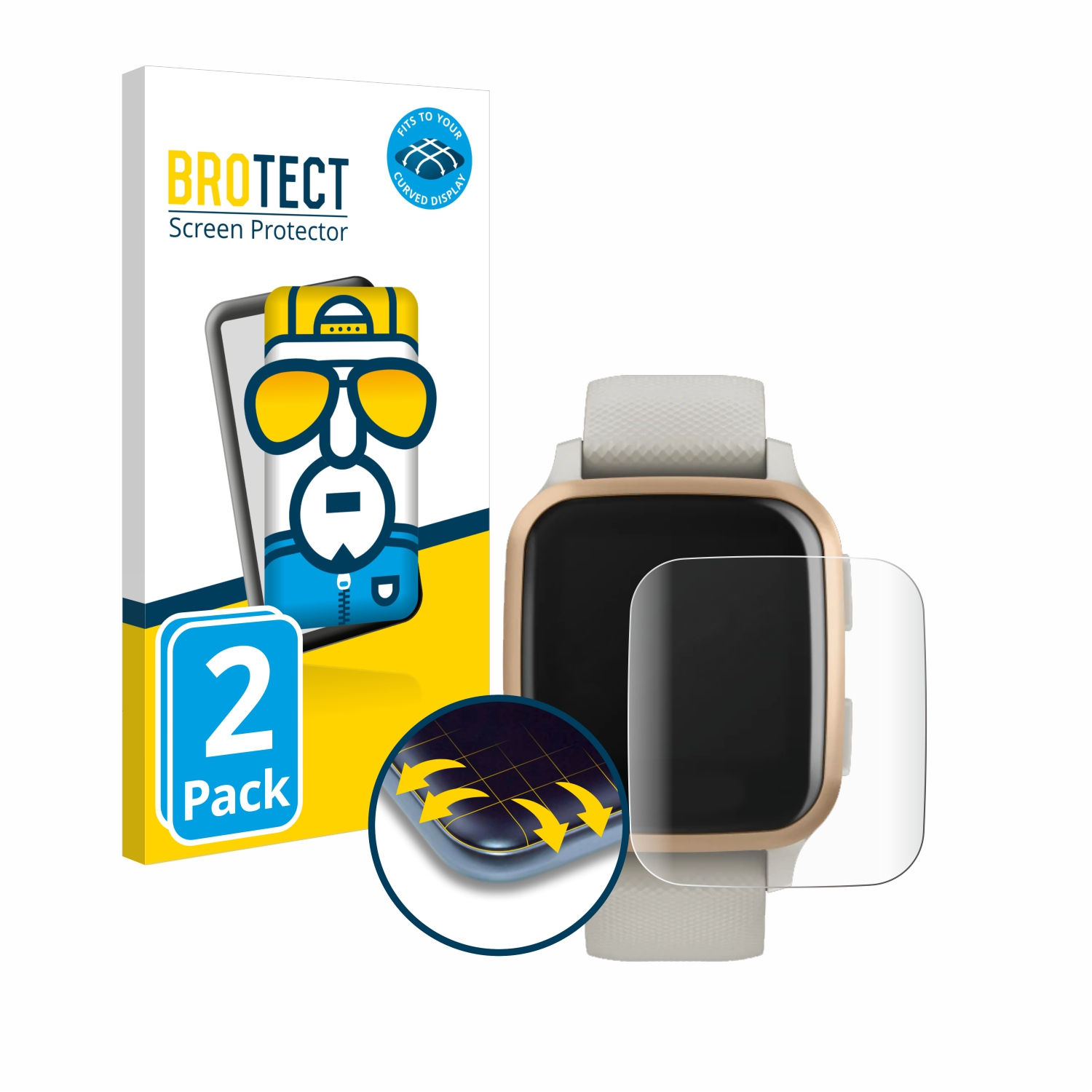 Smartwatch mit Displayschutz und Box. Schutz passt für gebogenes Display.