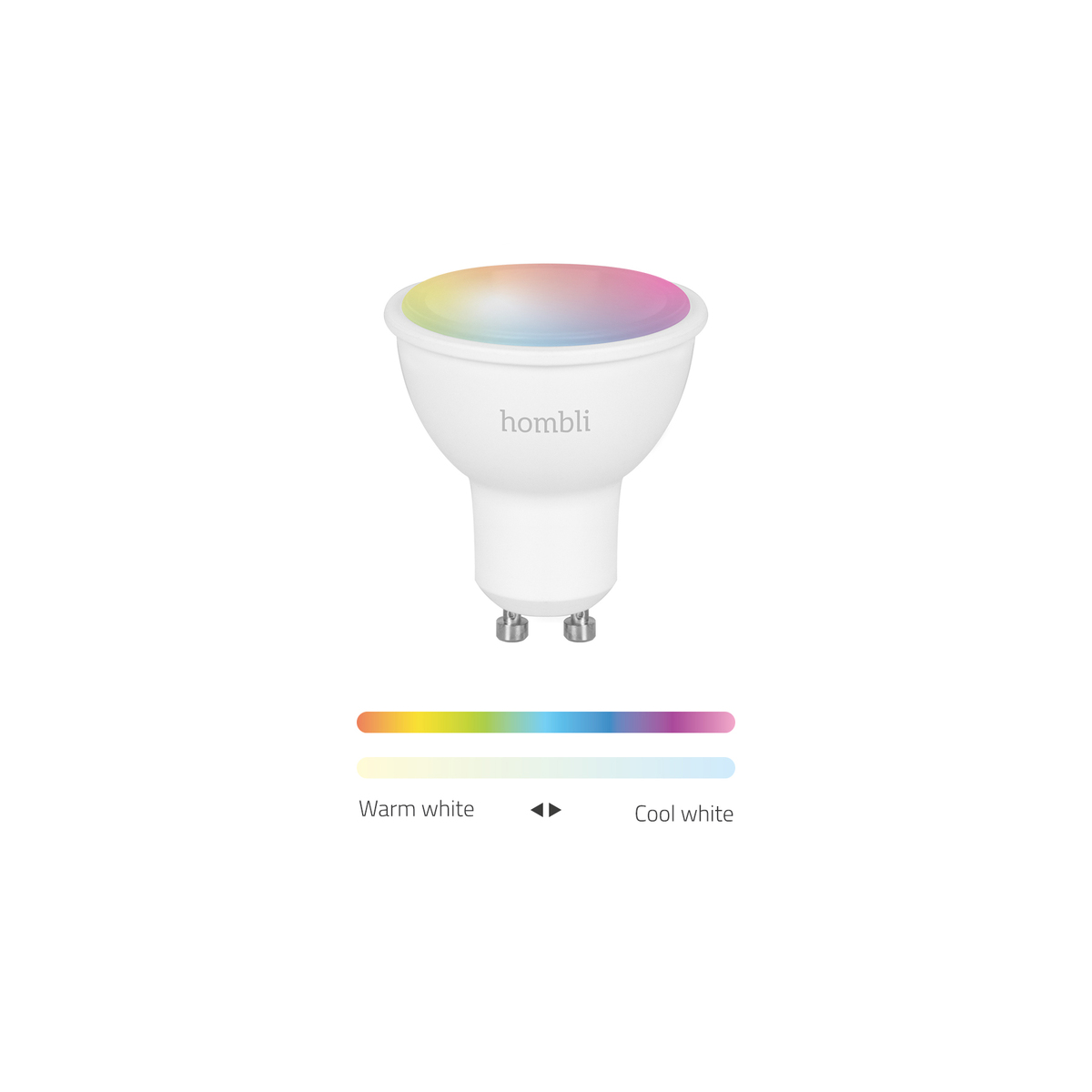 Lampadina intelligente bianca con spettro cromatico. 'hombli' sulla lampadina.