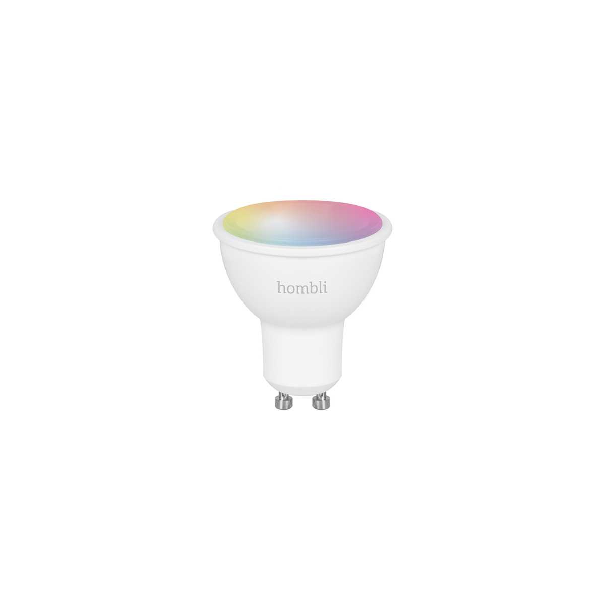 Una lampadina bianca con la parte superiore colorata. Il marchio 'hombli' è stampato sul lato.