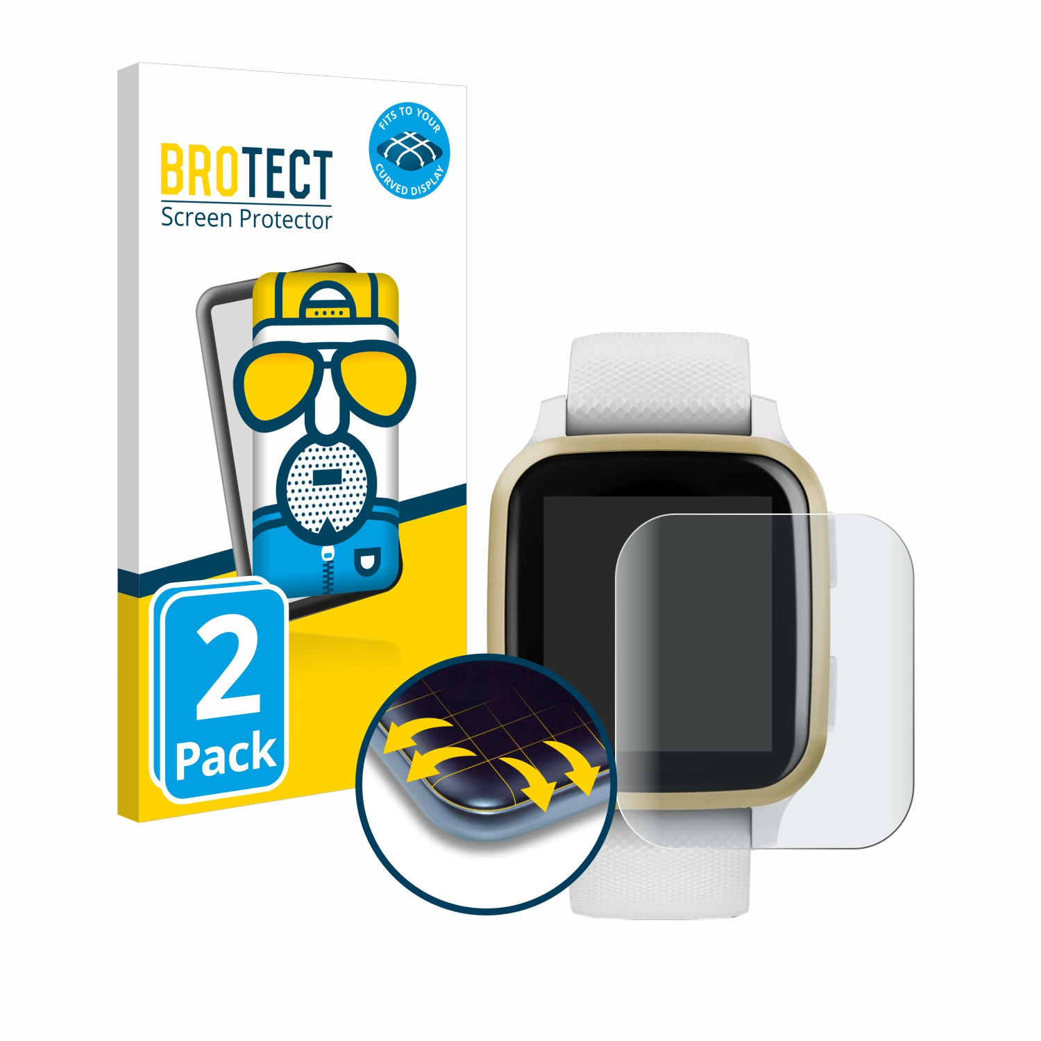 Smartwatch-Displayschutz mit Verpackung. Klarer Displayschutz und Smartwatch sind sichtbar.