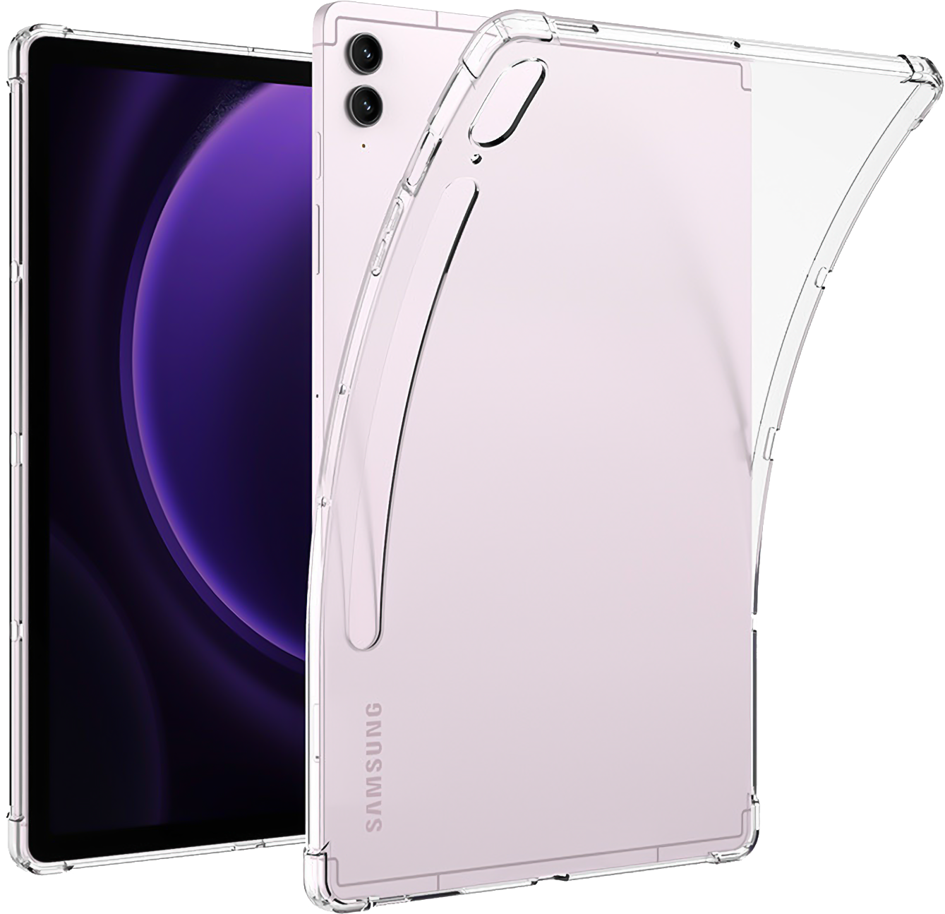 Ein Tablet in einer durchsichtigen Hülle. Der Bildschirm zeigt einen lila Farbverlauf. Die Rückseite hat zwei Kameras und das Samsung-Logo. Die Hülle ist offen.